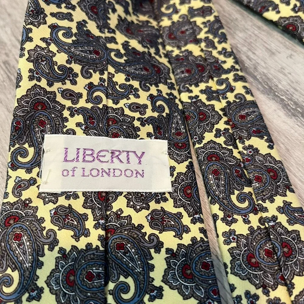 Liberty of London Vintage 100% Silk Tie, Pale Yellow + Gray Paisley